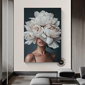 Çiçek Başlı Kadın Kanvas Tablo; Gül Ve Kadın Resimli Soyut Tablo 80x150 cm