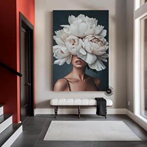 Çiçek Başlı Kadın Kanvas Tablo; Gül Ve Kadın Resimli Soyut Tablo 80x150 cm