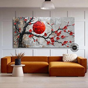 Kırmızı Çiçekli Sakura Kanvas Tablo – Asya Tarzı Duvar Dekoru – Oturma Odası 20x40 cm
