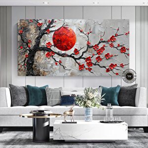 Kırmızı Çiçekli Sakura Kanvas Tablo – Asya Tarzı Duvar Dekoru – Oturma Odası