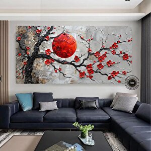 Kırmızı Çiçekli Sakura Kanvas Tablo – Asya Tarzı Duvar Dekoru – Oturma Odası