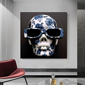 Gözlük Takmış Kafatası Ve Mavi Çiçekli Baş Kanvas Baskısı, Kafatası Duvar Sanatı