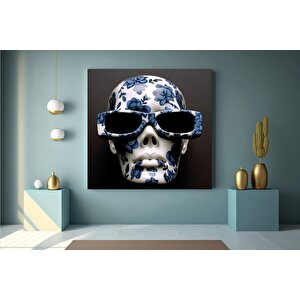 Gözlük Takmış Kafatası Ve Mavi Çiçekli Baş Kanvas Baskısı, Kafatası Duvar Sanatı