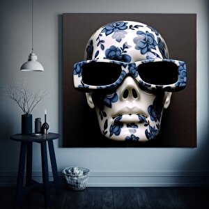 Gözlük Takmış Kafatası Ve Mavi Çiçekli Baş Kanvas Baskısı, Kafatası Duvar Sanatı 60x60 cm
