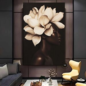 Çiçekli Siyah Kadın Portresi | Güzellik Temalı Duvar Sanatı 80x160 cm