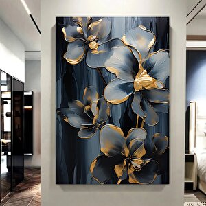 Gri Çiçekler Kanvas Tablosu, Çiçek Duvar Dekoru, Altın Desenli Lüks Duvar Tablosu