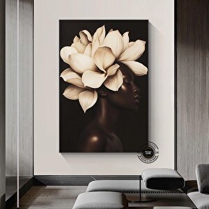 Çiçekli Siyah Kadın Portresi | Güzellik Temalı Duvar Sanatı 40x60 cm