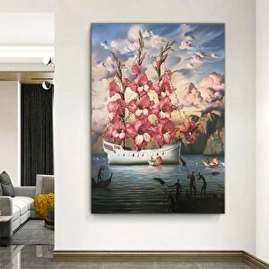 Gemi Ve Çiçek Sürrealist Kanvas; Soyut Gemi Ve Pembe Çiçekler; Çok Renkli Manzara; Asmaya Hazır 30x40 cm