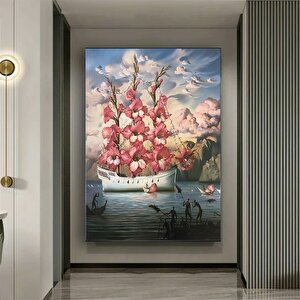 Gemi Ve Çiçek Sürrealist Kanvas; Soyut Gemi Ve Pembe Çiçekler; Çok Renkli Manzara; Asmaya Hazır 40x60 cm