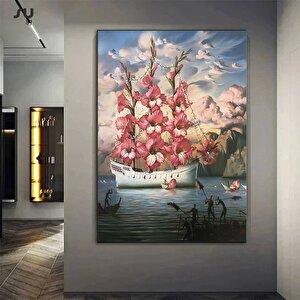 Gemi Ve Çiçek Sürrealist Kanvas; Soyut Gemi Ve Pembe Çiçekler; Çok Renkli Manzara; Asmaya Hazır