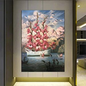 Gemi Ve Çiçek Sürrealist Kanvas; Soyut Gemi Ve Pembe Çiçekler; Çok Renkli Manzara; Asmaya Hazır 50x70 cm