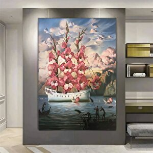Gemi Ve Çiçek Sürrealist Kanvas; Soyut Gemi Ve Pembe Çiçekler; Çok Renkli Manzara; Asmaya Hazır