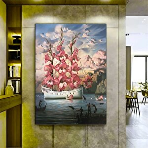 Gemi Ve Çiçek Sürrealist Kanvas; Soyut Gemi Ve Pembe Çiçekler; Çok Renkli Manzara; Asmaya Hazır
