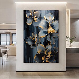Gri Çiçekler Kanvas Tablosu, Çiçek Duvar Dekoru, Altın Desenli Lüks Duvar Tablosu