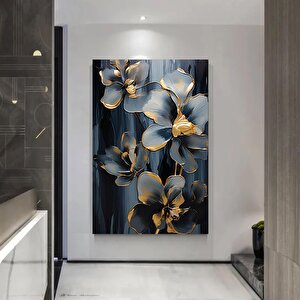 Gri Çiçekler Kanvas Tablosu, Çiçek Duvar Dekoru, Altın Desenli Lüks Duvar Tablosu 30x40 cm