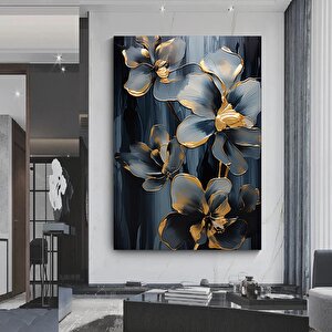 Gri Çiçekler Kanvas Tablosu, Çiçek Duvar Dekoru, Altın Desenli Lüks Duvar Tablosu 90x150 cm