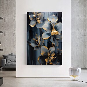 Gri Çiçekler Kanvas Tablosu, Çiçek Duvar Dekoru, Altın Desenli Lüks Duvar Tablosu