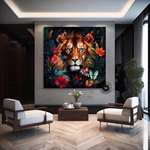 Çiçekler Arasında Aslan Portresi Kanvas; Ev Dekoru; Hediye 100x100 cm