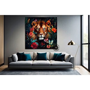 Çiçekler Arasında Aslan Portresi Kanvas; Ev Dekoru; Hediye 100x100 cm