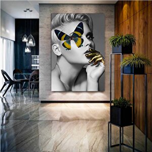 Kelebek Kadın Duvar Sanatı; Sarışın Kadın Çerçeveli Kanvas; Kelebek Kanvas; Altın Simli Duvar Sanatı 80x150 cm