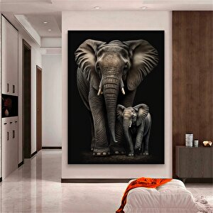 Fil Ve Yavru Fil Ailesi Kanvas Sanatı; Hayvan Temalı Duvar Dekoru 90x150 cm