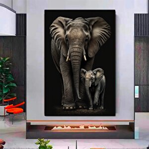 Fil Ve Yavru Fil Ailesi Kanvas Sanatı; Hayvan Temalı Duvar Dekoru 90x150 cm