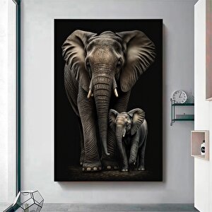 Fil Ve Yavru Fil Ailesi Kanvas Sanatı; Hayvan Temalı Duvar Dekoru 90x150 cm