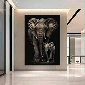 Fil Ve Yavru Fil Ailesi Kanvas Sanatı; Hayvan Temalı Duvar Dekoru