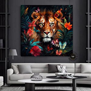 Çiçekler Arasında Aslan Portresi Kanvas; Ev Dekoru; Hediye 50x50 cm