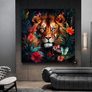 Çiçekler Arasında Aslan Portresi Kanvas; Ev Dekoru; Hediye
