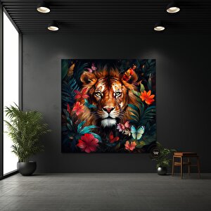 Çiçekler Arasında Aslan Portresi Kanvas; Ev Dekoru; Hediye