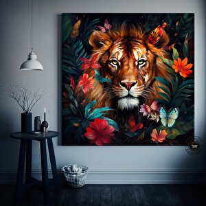 Çiçekler Arasında Aslan Portresi Kanvas; Ev Dekoru; Hediye