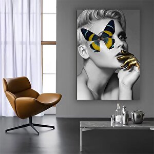 Kelebek Kadın Duvar Sanatı; Sarışın Kadın Çerçeveli Kanvas; Kelebek Kanvas; Altın Simli Duvar Sanatı