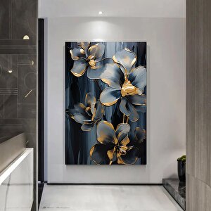 Gri Çiçekler Kanvas Tablosu, Çiçek Duvar Dekoru, Altın Desenli Lüks Duvar Tablosu 120x150 cm
