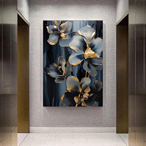 Gri Çiçekler Kanvas Tablosu, Çiçek Duvar Dekoru, Altın Desenli Lüks Duvar Tablosu 120x150 cm