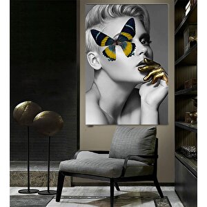 Kelebek Kadın Duvar Sanatı; Sarışın Kadın Çerçeveli Kanvas; Kelebek Kanvas; Altın Simli Duvar Sanatı 60x120 cm