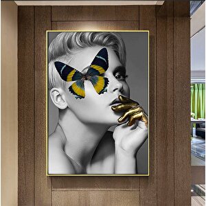 Kelebek Kadın Duvar Sanatı; Sarışın Kadın Çerçeveli Kanvas; Kelebek Kanvas; Altın Simli Duvar Sanatı 60x120 cm