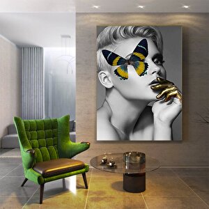 Kelebek Kadın Duvar Sanatı; Sarışın Kadın Çerçeveli Kanvas; Kelebek Kanvas; Altın Simli Duvar Sanatı
