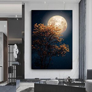 Güzel Ağaç, Sarı Çiçek Açan Yıldız; Dolunay Ve Samanyolu Gece Gökyüzü Kanvas Sanatı 30x40 cm