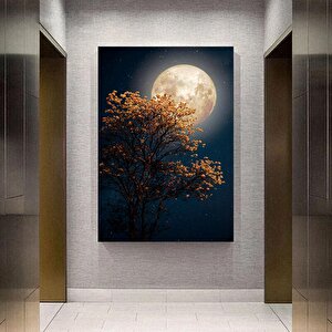 Güzel Ağaç, Sarı Çiçek Açan Yıldız; Dolunay Ve Samanyolu Gece Gökyüzü Kanvas Sanatı 30x40 cm