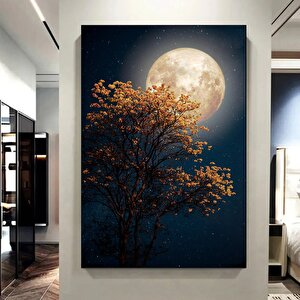 Güzel Ağaç, Sarı Çiçek Açan Yıldız; Dolunay Ve Samanyolu Gece Gökyüzü Kanvas Sanatı 30x40 cm