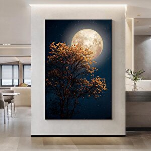 Güzel Ağaç, Sarı Çiçek Açan Yıldız; Dolunay Ve Samanyolu Gece Gökyüzü Kanvas Sanatı