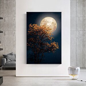 Güzel Ağaç, Sarı Çiçek Açan Yıldız; Dolunay Ve Samanyolu Gece Gökyüzü Kanvas Sanatı