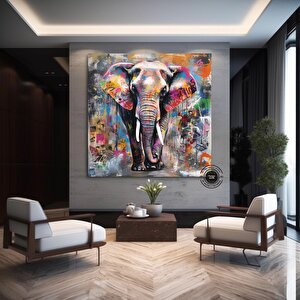 Pop Art Fil Kanvası, Graffiti Tarzı Fil Duvar Dekoru, Renkli Hayvan Temalı Ev Sanatı 70x70 cm