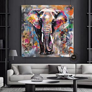 Pop Art Fil Kanvası, Graffiti Tarzı Fil Duvar Dekoru, Renkli Hayvan Temalı Ev Sanatı 120x120 cm