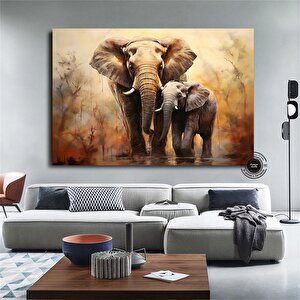 Anne Ve Yavru Fil Tablosu – Yürüyen Fil Kanvas, Hayvan Krallığı Dekoru 80x150 cm