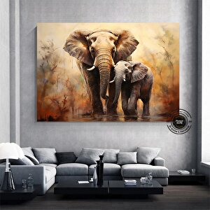 Anne Ve Yavru Fil Tablosu – Yürüyen Fil Kanvas, Hayvan Krallığı Dekoru