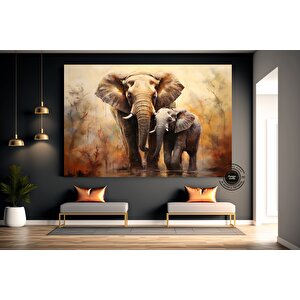 Anne Ve Yavru Fil Tablosu – Yürüyen Fil Kanvas, Hayvan Krallığı Dekoru 70x150 cm