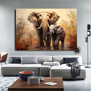 Anne Ve Yavru Fil Tablosu – Yürüyen Fil Kanvas, Hayvan Krallığı Dekoru 70x150 cm