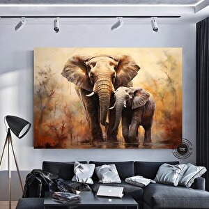 Anne Ve Yavru Fil Tablosu – Yürüyen Fil Kanvas, Hayvan Krallığı Dekoru